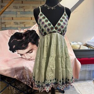 RAGA Pale Green Embroidered V-Neck Mini Dress